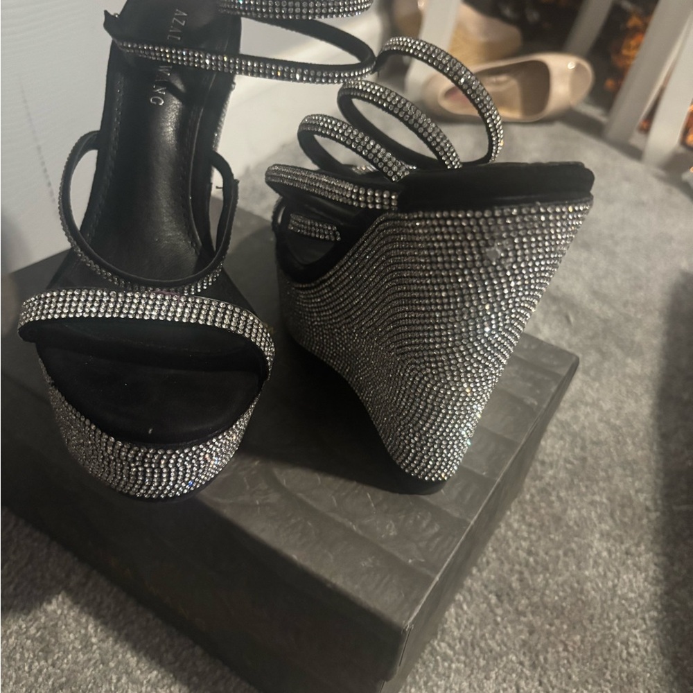 Elegant Black and Silver Rhinestone Wedge Sandals
